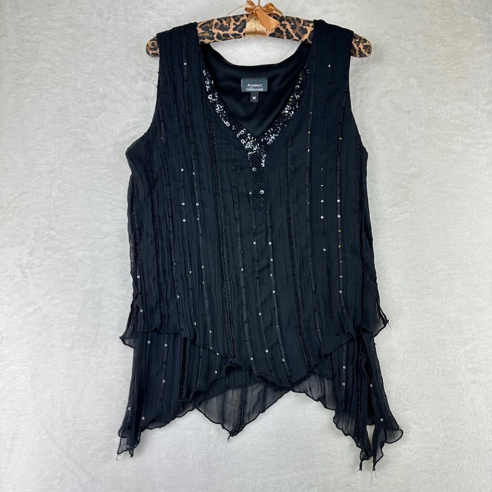 Dressbarn Blouse Womens M Black Sequin Tiered VTG Y2K Whimsigoth Fairy‎ Grunge